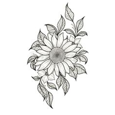 a black and white drawing of a sunflower with leaves on it's petals