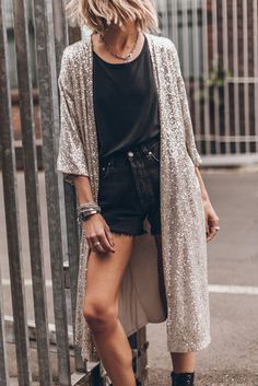 Look Kimono, Sequin Duster, Sequin Kimono, Duster Kimono, Look Festival, Sequin Cardigan, Duster Cardigan, Beige Cardigan, Cardigan Long