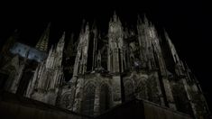 an old gothic cathedral lit up at night