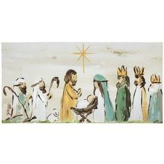 the nativity scene is depicted in this hand painted painting, with three wise men and one baby jesus