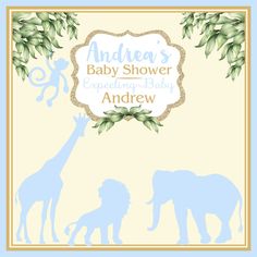 an elephant and giraffe are silhouetted against a baby shower sign