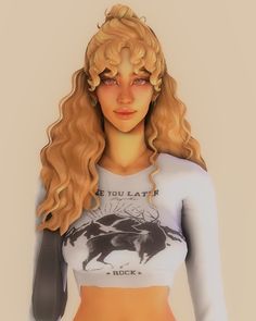 a digital painting of a woman with long blonde hair wearing a crop top and shorts