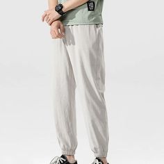 Men's Linen Pants Trousers Summer Pants Beach Pants Jogger Pants Drawstring Elastic Waist Plain Breathable Soft Casual Daily Holiday Linen / Cotton Blend Fashion Streetwear Black White Micro-elastic Summer Stretch Parachute Pants With Tapered Leg, Summer Stretch Tapered Leg Parachute Pants, Summer Stretch Tapered Parachute Pants, Casual Stretch Cargo Pants For Summer, Stretch Solid Color Harem Pants For Leisure, Stretch Harem Pants For Leisure, Solid Stretch Harem Pants For Leisure, Summer Tapered Leg Sweatpants With Elastic Waistband, Non-stretch Harem Pants With Elastic Waistband For Leisure