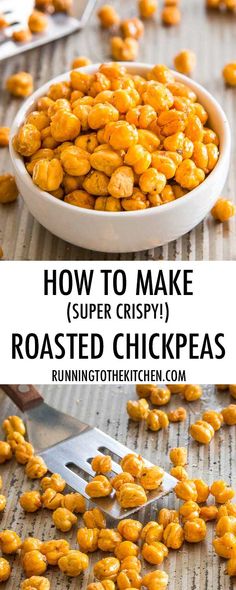 how to make roasted chickpeas in a white bowl with the title overlay