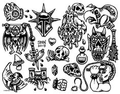 black and white ink drawing of skulls, cats, and other things on the page