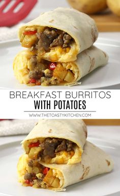 breakfast burritos with potatoes on a white plate