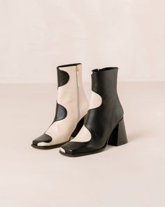 Cream Ankle Boots, Black And White Boots, Swirly Pattern, Toxic Clothing, Fine Wrinkles, White Booties, Vegan Boots, Sustainable Leather, Zipper Heels