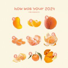 an image of oranges that have been peeled and cut in half with the words how was your?