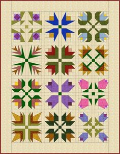 a quilt with many different designs on the front and back, all in different colors