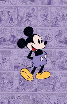 the mickey mouse cartoon character is in front of comic panels with purple and blue background