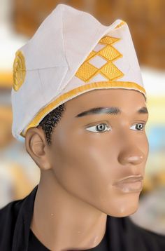 Dupsie's White with Gold Embroidery Ogundele Aso Oke Kufi Cap Hat DPHAWGA44 Yoruba Native Cap Designs, White Ceremonial Cap, Kufi Cap, African Dashiki Shirt, African Hat, African Tops For Women, Yoruba People, African Hats, African Bag