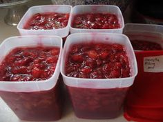 four plastic containers filled with red fruit sitting on top of a counter next to a bucket