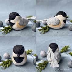 four different shots of a stuffed bird sitting on top of some balls and needles,