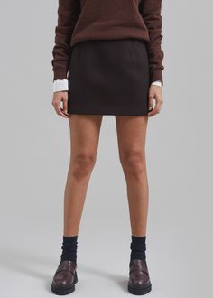 Color: Brown Midweight wool blend fabric Regular fit Mini length Back zip closure Lined 90% Wool 10% Polyamide Dry Clean Imported Mini Wool Skirt Outfit, Wool Mini Skirt Outfit, Brown Mini Skirt Outfit, Mini Skirt Outfit Winter, Short Skirts Outfits, Brown Mini Skirt, London Boy, Mini Outfit, Loafers Outfit