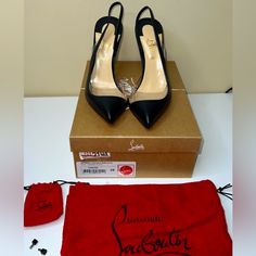 Included Are The Unworn Heels, Replaceable Heel Tips With Pouch, Shoebag, And Original Box. Black Slingback Heels For Wedding, Luxury Black Sandals For Wedding, Black Slingback Heels For Events, Elegant Black Sandals With Red Sole, Designer Black Heels For Wedding, Elegant Sandals With Red Sole For Evening, Designer Party Heels With Red Sole, Elegant Evening Sandals With Red Sole, Black Sandals With Red Sole For Evening