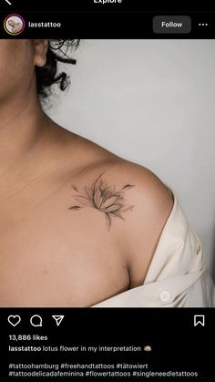 a woman's shoulder with a flower tattoo on the left side of her chest