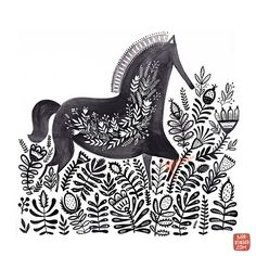 a black and white drawing of a horse surrounded by plants