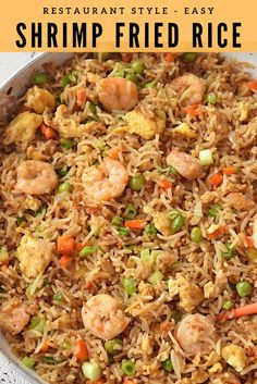 shrimp fried rice in a pan with text overlay