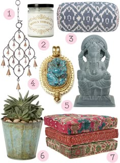 various decorative items are shown in this image