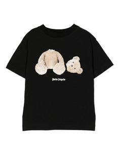 black cotton teddy bear print logo print to the front round neck short sleeves straight hem Kids Teddy Bear, Teddy Bear Print, Angel Kids, Bear T Shirt, Bear Print, Palm Angels, Print Logo, Swimwear Tops