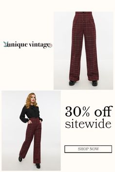 This pair of 1940s inspired trousers is set in a beautiful burgundy windowpane pattern woven wide leg silhouette. Outfitted with an exposed button up and front pockets.Available in sizes XS-5X while supplies last. Wide Leg Trousers, Unique Vintage, Wide Leg, Button Up, Trousers, Shop Now, Pattern