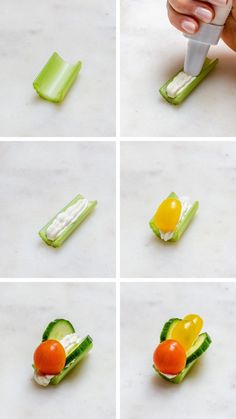 four pictures showing how to cut vegetables and put them in the shape of eggs, tomatoes, cucumbers, and celery