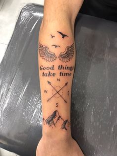 a man with a tattoo on his leg that says good things take time and wings