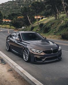 a bmw is driving down the road in front of some trees and bushes, with mountains in the background