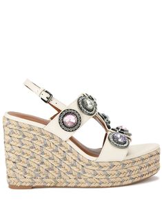 white calf leather appliqué detail gem embellishment buckle-fastening ankle strap round open toe branded footbed braided raffia wedge heel rubber sole Heeled Espadrilles, Wedge Espadrilles, Mint Velvet, Dolce E Gabbana, Kurt Geiger, Leather Wedges, Espadrille Shoes, Ballet Flat Shoes, Pump Sandals