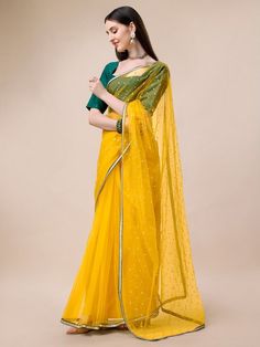 Mustard-colored & Gold-colored sareeDesign DetailsMustard & gold-toned sareeEmbroidered saree with embroidered borderHas zari detailThe saree comes with an unstitched blouse pieceThe blouse worn by the model might be for modelling purpose only. Check the image of the blouse piece to understand how the actual blouse piece looks like.