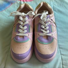 Koi Footwear Cute Trainers New - Kawaii Pastel Colours - Water Based Pu Faux Leather - Lace Up - K Chain Detailing - Teal, Purple And Pink - Heel Height: 2 Inches - New Condition - Only Tried On Too Big For My Feet Could Fit A Size 9 Easily Sale Uk Size 6 Woman Us Size 8 Woman Any Questions Please Ask!! Keep In Mind These Shoes Are Heavy So If You Plan On Bundling With Other Items You Will Need To Buy A Separate Shipping Label To Cover Overweight Cost Thank U Pink Harajuku Sneakers For Spring, Trendy Purple Sneakers With Round Toe, Trendy Purple Sneakers With Laces, Trendy Purple Low-top Sneakers, Cute Purple Round Toe Sneakers, Yru Shoes, Koi Footwear, Platform Trainers, Size 8 Women