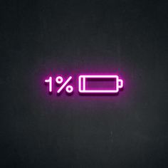 a neon sign that says 10 % off with a battery in the middle, on a black background