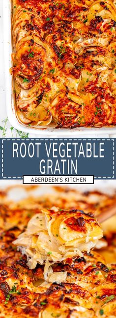 a casserole dish is shown with the title above it and an image of some vegetables