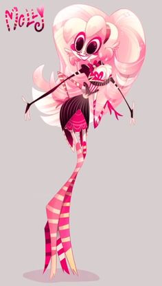 a cartoon character with pink hair and striped stockings, holding a bow in her hand