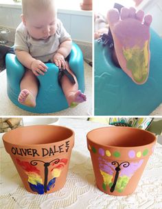 there is a baby sitting in a pot with the words river dale painted on it