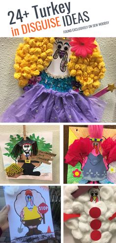 four different pictures of turkey crafts and activities