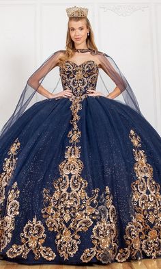 Navy blue strapless sweetheart quinceanera ball gown in glitter tulle with detachable shoulder train. Designer Prom Dress, Shoulder Training, Quinceanera Dress, Prom Designs, Designer Prom Dresses, Long Prom Dresses, Prom Girl, Designer Gowns, Quinceanera Dresses