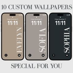 four iphone cases with the words custom wallpapers in different colors and font on them