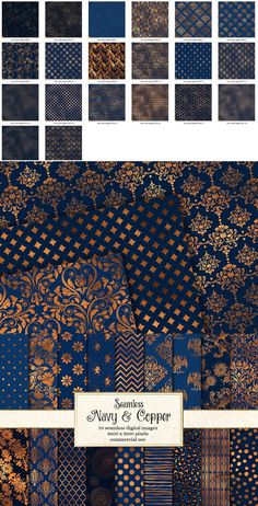 an assortment of blue and gold fabric samples