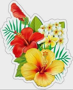 a bunch of flowers that are on top of a sticker with leaves and flowers