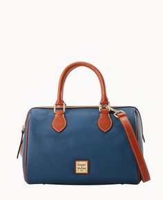 One inside zip pocket. Two inside pockets. Inside key hook. Strap drop length 23". Lined. Feet. Zipper closure. | Dooney & Bourke Women's Pebble Grain Barrel Leather Satchel Bag in Jeans Key Hook, Leather Satchel Bag, Dooney And Bourke, Dooney & Bourke, Satchel Bag, Leather Satchel, Dooney Bourke, Satchel Bags, Inside Pocket