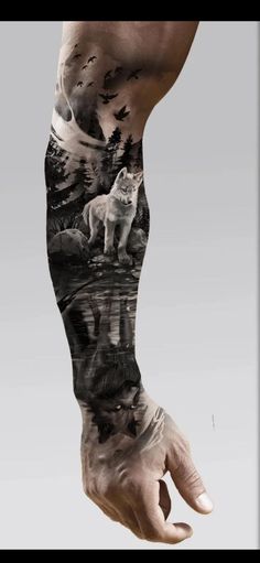 a man's arm with an image of a wolf in the water on it