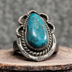 Turquoise ring - beautiful large cabochon on oval twist and hand stamped base - Size 6.5. Hallmark by Annie Chapo. Our entire collection has a Satisfaction guarantee. If your product doesn't fit right or for whatever reason, you have 30 days to return your undamaged item for a refund. Heirloom Oval Turquoise Cabochon Ring, Vintage Turquoise Ring With Oval Cabochon, Vintage Turquoise Oval Cabochon Ring, Adjustable Oval Turquoise Ring With Patina, Vintage Oval Turquoise Cabochon Ring, Vintage Oval Cabochon Turquoise Ring, Adjustable Teardrop Vintage Rings, Adjustable Vintage Teardrop Rings, Vintage Oval Rings With Large Stone