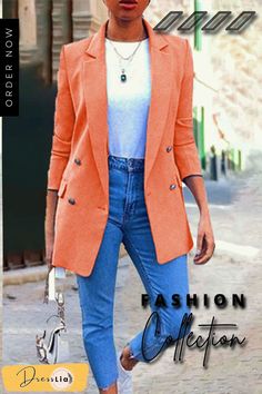 Fashion Solid Patchwork Turndown Collar Outerwear(9 Colors) Non-stretch Workwear Outerwear With Pockets, Non-stretch Outerwear With Pockets For Work, Casual Orange Blazer For Work, Casual Orange Blazer For Winter, Fitted Casual Blazer In Solid Color, Casual Orange Fall Blazer, Fitted Casual Orange Outerwear, Casual Fitted Orange Outerwear, Turndown Collar