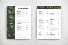 two menus with green leaves on them, one is for lunch and the other is for