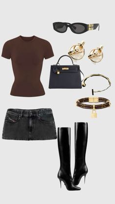 Basic brown tshirt, black denim mini skirt, black boots, black bag, gold jewelry, Fashion, Style, Clothing, Apparel, Trends, Fashionable, Designer, Couture, Runway, Outfit, Wardrobe, Fashionista, Accessories, Fashion industry, High fashion, Street style, Fashion week, Fashion design, Fashion blogger, Fashion magazine, Aesthetic fashion, Pinterest outfits, Style inspiration, Trendy aesthetics, fashion inspo, outfit inspo Brown Top Outfit, Going Out Crop Tops, Denim Skirt Outfits, Autumn Fits, Miniskirt Outfits, Going Out Outfits, High Fashion Street Style