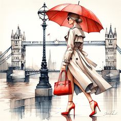 a watercolor painting of a woman walking down the street with an umbrella