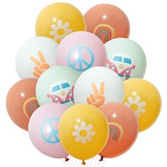 a bunch of balloons with peace signs and flowers on them are in front of a white background