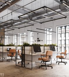 an open office with desks, chairs and plants in the middle of the room