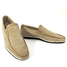 Made In Italy Suede Upper Leather Lining Rubber Sole Hand Made Shoes Free Gift Beige Leather Slip-ons With Perforated Toe Box, Beige Leather Sole Slip-ons For Business, Beige Slip-ons With Leather Sole For Business, Beige Business Slip-ons With Rubber Sole, Beige Casual Dress Shoes For Business, Brown Slip-on Loafers With Perforated Toe Box, Beige Leather Slip-ons For Business Casual, Beige Moccasins For Business, Formal Slip-on Loafers With Perforations